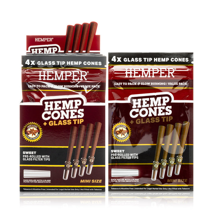 Pre-Rolled 4PK Mini Size Glass Tipped Hemp Cones | 12ct Display