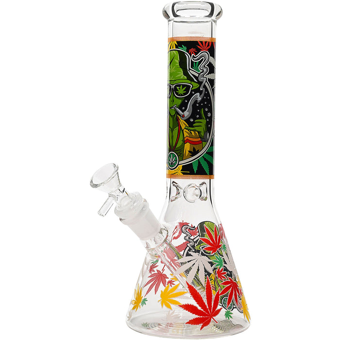 Aliens And Hemp Leaves Glow Glass Beaker Water Pipe-10"