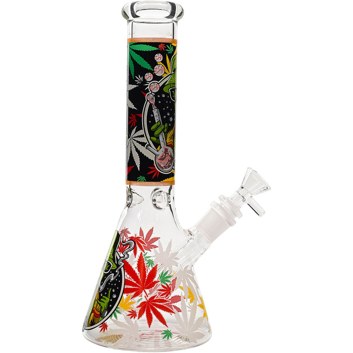 Aliens And Hemp Leaves Glow Glass Beaker Water Pipe-10"