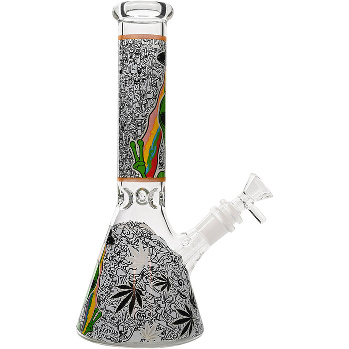 Aliens And Hemp Leaves Glow Glass Beaker Water Pipe-10"