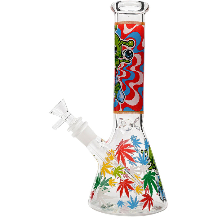 Aliens And Hemp Leaves Glow Glass Beaker Water Pipe-10"