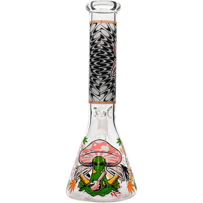 Aliens And Hemp Leaves Glow Glass Beaker Water Pipe-10"