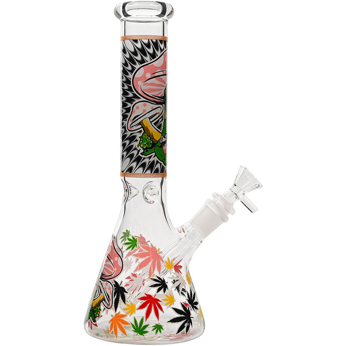 Aliens And Hemp Leaves Glow Glass Beaker Water Pipe-10"