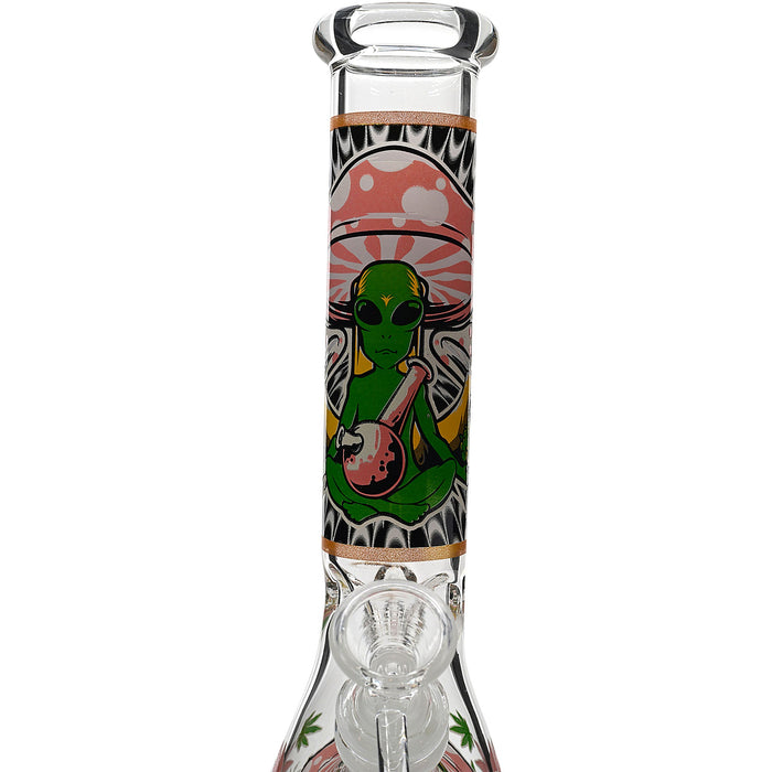 Aliens And Hemp Leaves Glow Glass Beaker Water Pipe-10"