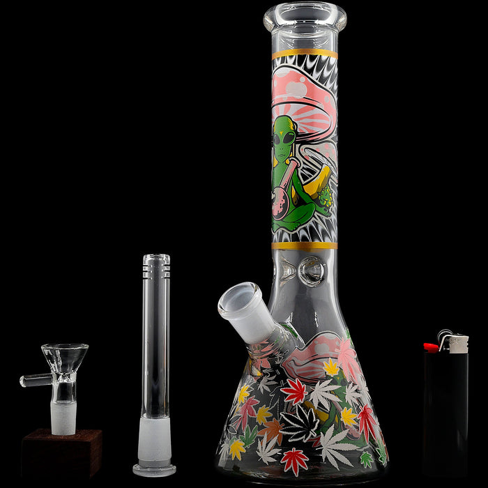 Aliens And Hemp Leaves Glow Glass Beaker Water Pipe-10"