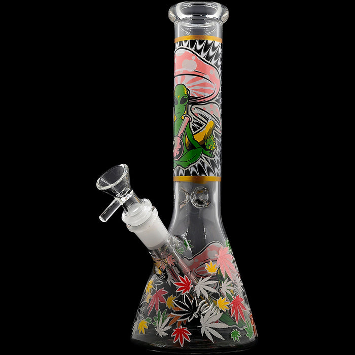 Aliens And Hemp Leaves Glow Glass Beaker Water Pipe-10"