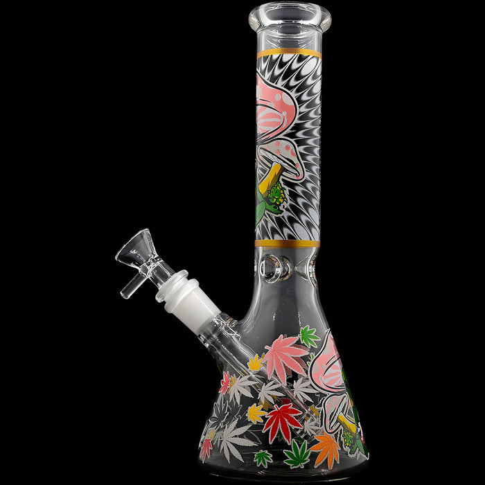 Aliens And Hemp Leaves Glow Glass Beaker Water Pipe-10"