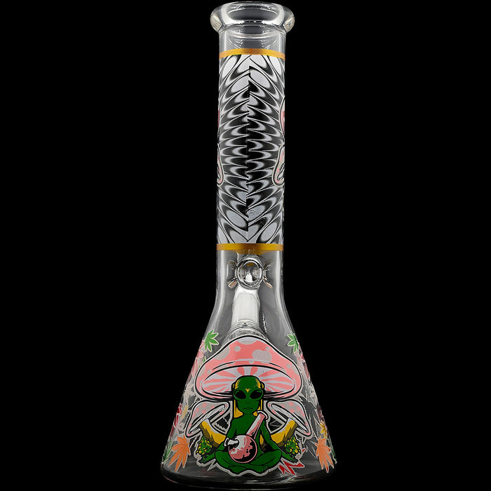 Aliens And Hemp Leaves Glow Glass Beaker Water Pipe-10"