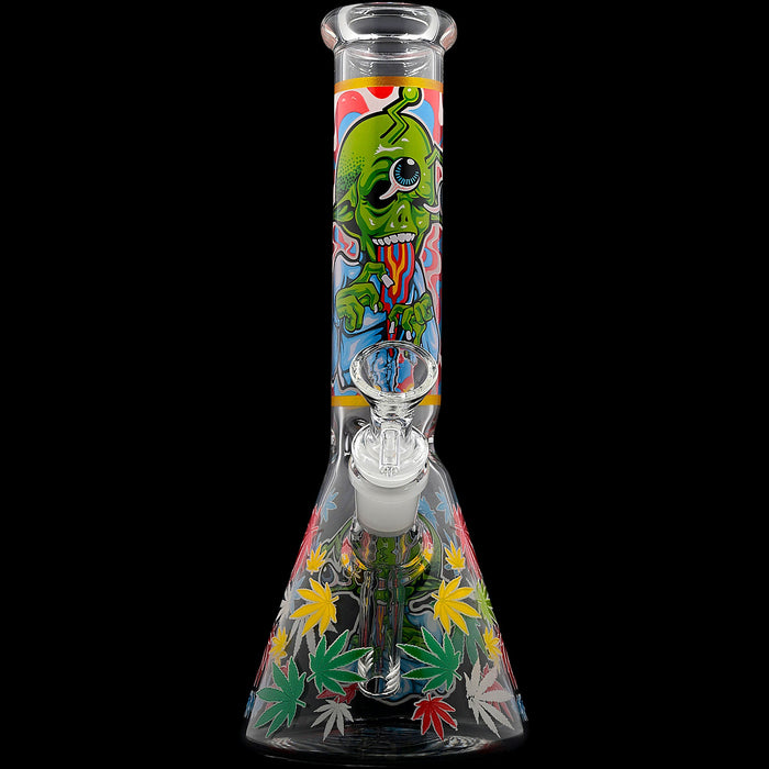 Aliens And Hemp Leaves Glow Glass Beaker Water Pipe-10"