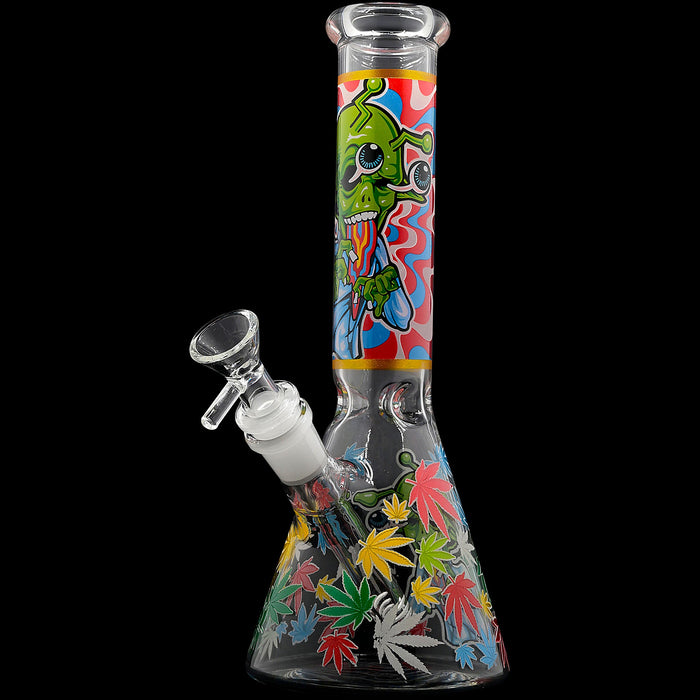 Aliens And Hemp Leaves Glow Glass Beaker Water Pipe-10"