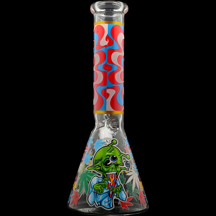 Aliens And Hemp Leaves Glow Glass Beaker Water Pipe-10"