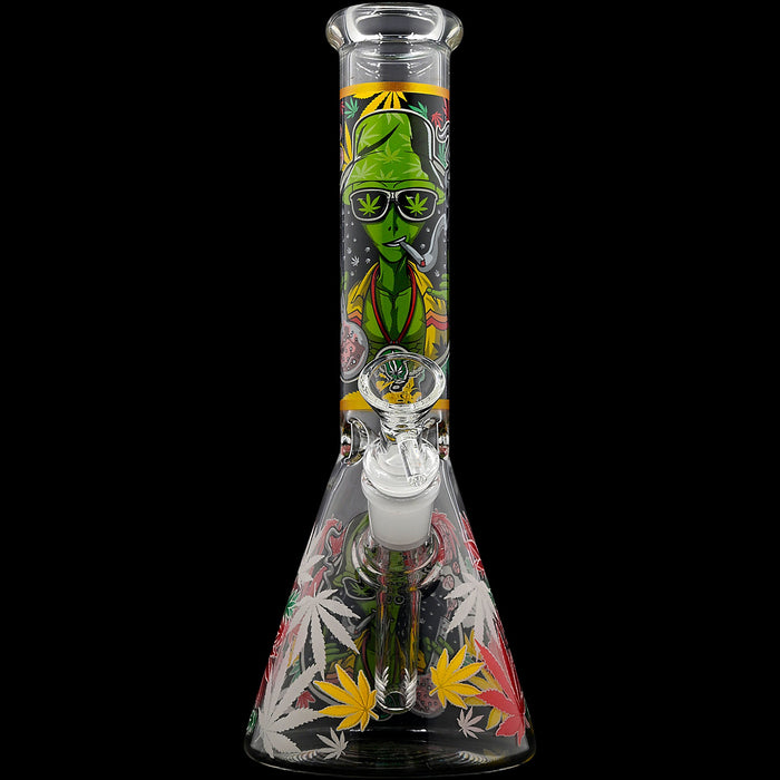 Aliens And Hemp Leaves Glow Glass Beaker Water Pipe-10"