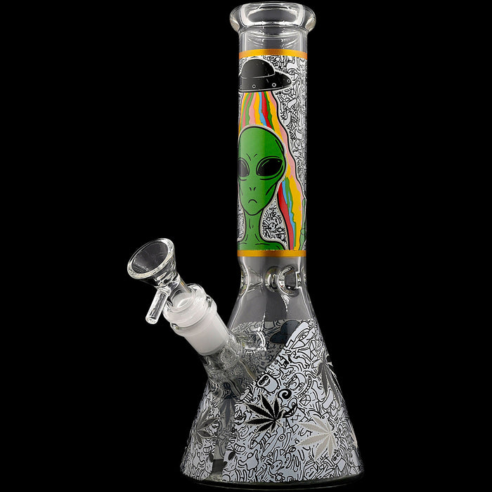 Aliens And Hemp Leaves Glow Glass Beaker Water Pipe-10"