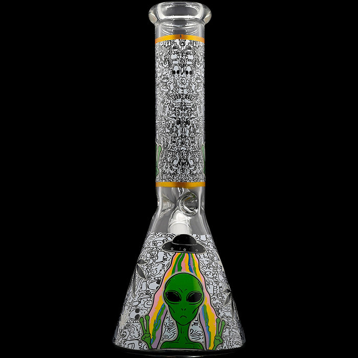 Aliens And Hemp Leaves Glow Glass Beaker Water Pipe-10"