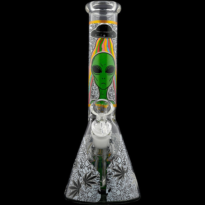 Aliens And Hemp Leaves Glow Glass Beaker Water Pipe-10"