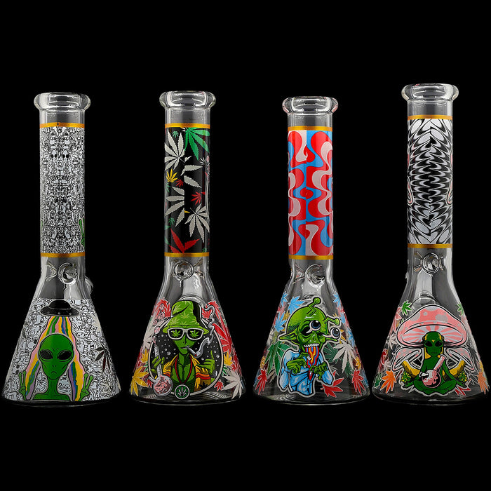 Aliens And Hemp Leaves Glow Glass Beaker Water Pipe-10"