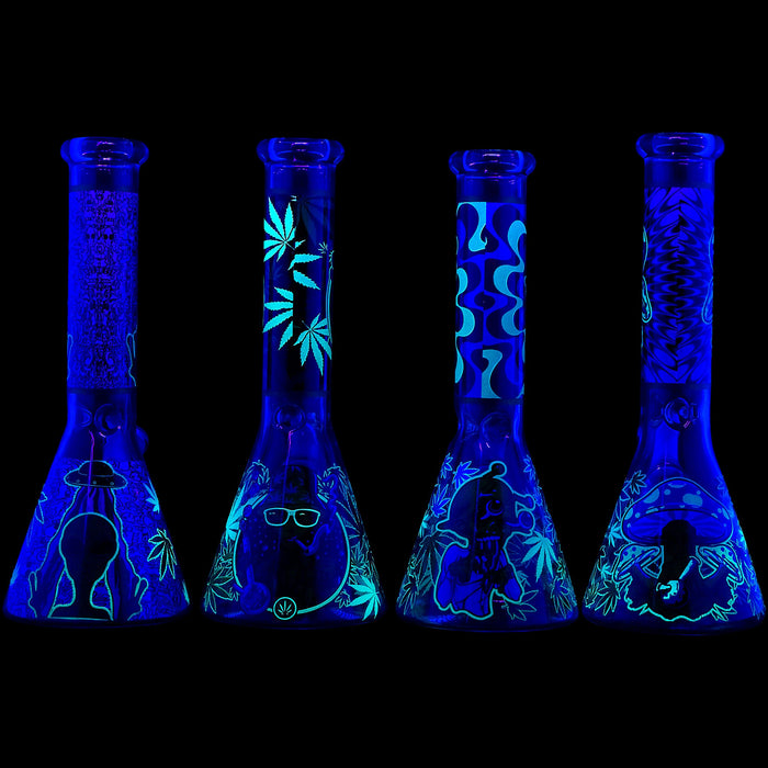 Aliens And Hemp Leaves Glow Glass Beaker Water Pipe-10"