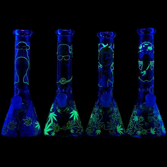 Aliens And Hemp Leaves Glow Glass Beaker Water Pipe-10"