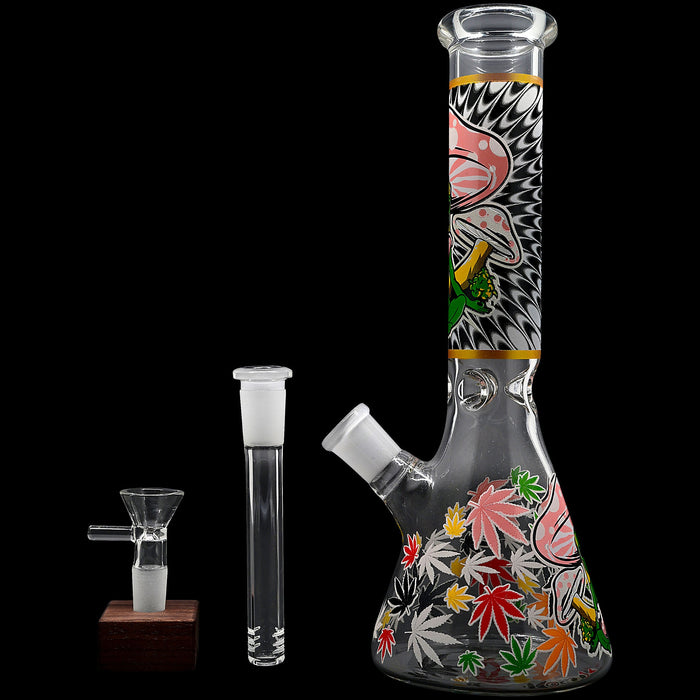 Aliens And Hemp Leaves Glow Glass Beaker Water Pipe-10"