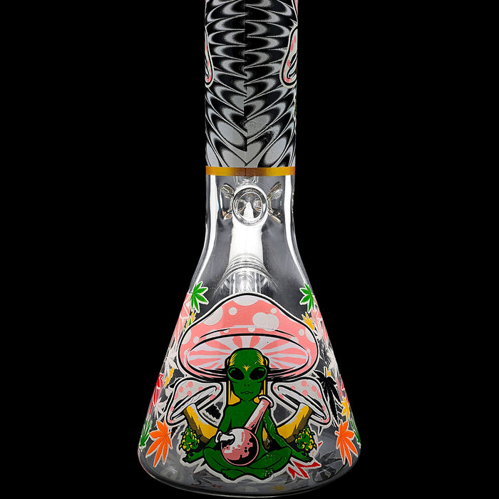 Aliens And Hemp Leaves Glow Glass Beaker Water Pipe-10"