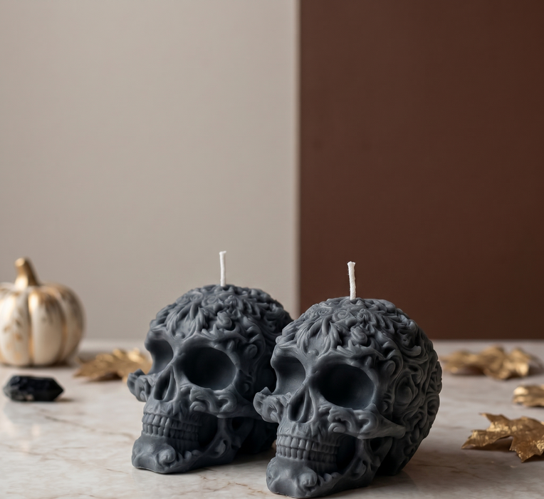 Floral Skull Sculpture Candle – Hand-Poured Soy Wax | Ivory & Gray