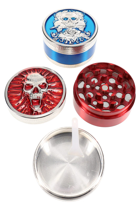 Colored 3-Part Metal Herb Grinder – Skull Lid – 2″ – Assorted
