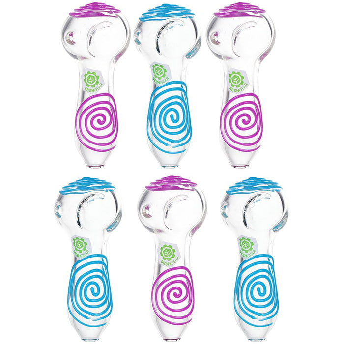 6CT BUNDLE - SeshGear Glowing Squiggles Glass Spoon Pipe - 4" / Assorted Colors