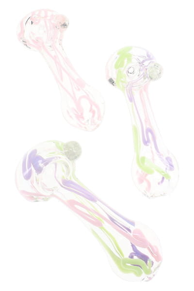 Clear Neon Squiggle Glass Spoon Pipe “Candy Scribble” – 4″ – Assorted Colors