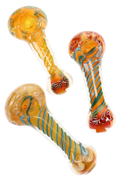 Gold Fumed Swirl Striped Spoon Pipe “Golden Spiral” – 4″ – Assorted Colors