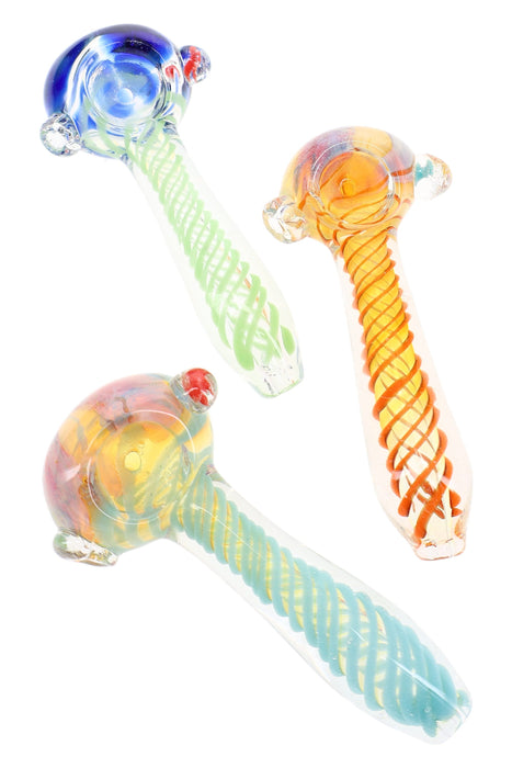 Silver Fumed Spiral Marble Spoon Pipe “Flower Coil” – 4″ – Assorted Colors