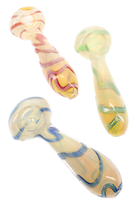 Silver Fumed Frit Striped Glass Spoon Pipe “Candy Ribbon” – 4″ – Assorted