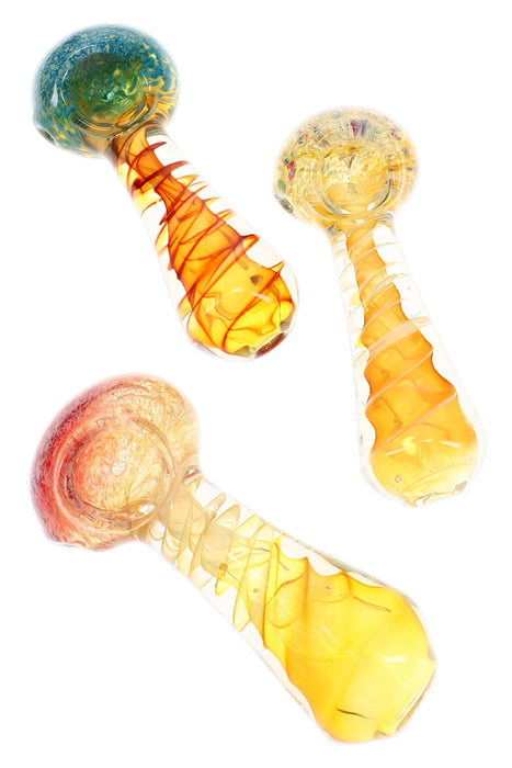 Gold Fumed Spiral Frit Glass Hand Pipe “Amber Helix” – 4½″ – Assorted Colors