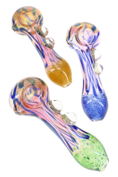 Gold Fumed Frit Striped Glass Spoon Pipe “Frit Flicker” – 5″ – Assorted Colors