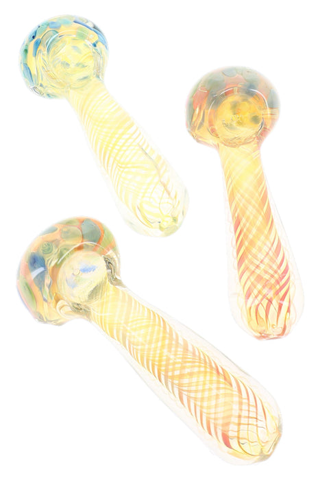 Gold Fumed Swirl Dot Glass Hand Pipe “Solar Lattice” – 5″ – Assorted Colors