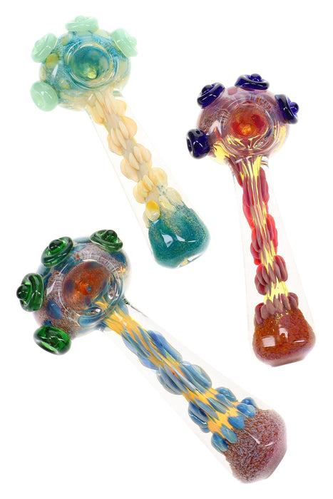 Thick Silver Fumed Frit Spoon Pipe “Peacock Pop” – 5″ – Assorted Colors