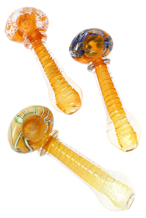 (Assorted) 4" Gold Fumed Squiggle-Striped Ridged Glass Spoon Pipe