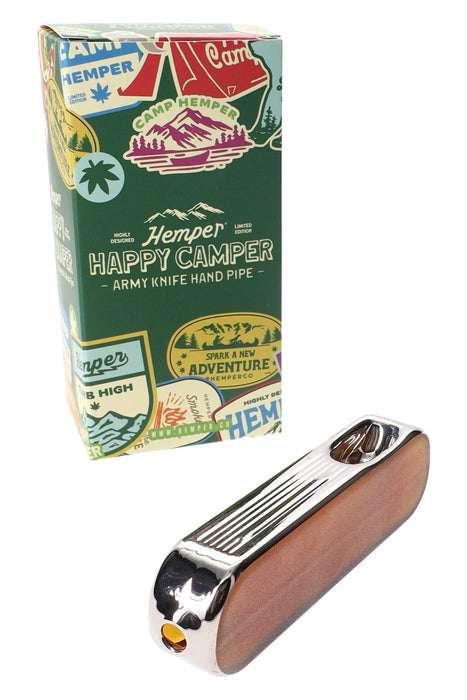 Hemper Happy Camper Army Knife Amber Glass Hand Pipe – 3½″