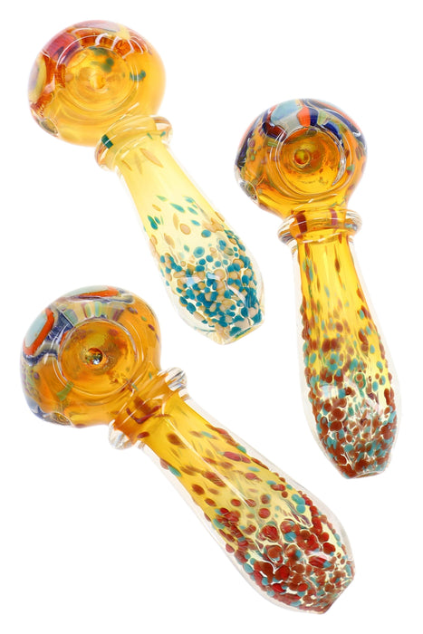 Gold Fumed Frit Ring Glass Spoon Pipe “Sunburst Halo” – 4″ – Assorted Colors