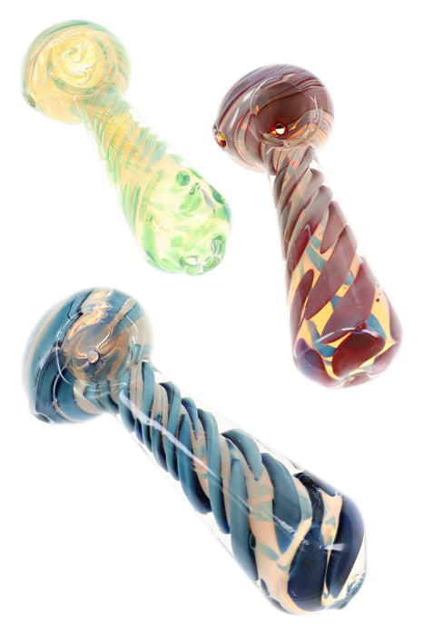 Silver-Fumed Spiral Bubble Glass Spoon Pipe “Swirl Stack” – 4½″ – Assorted Colors