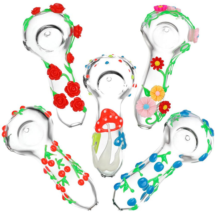 5CT BUNDLE - Nature's Bounty Glow Glass Spoon Pipes - 4" / Assorted Designs