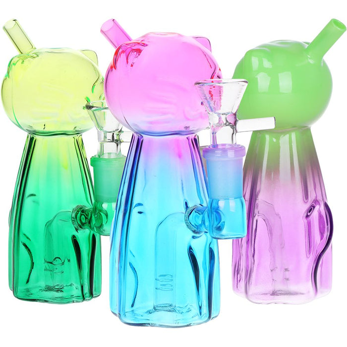 3CT BUNDLE - Cute Kitty Ombre Glass Water Pipe - 5.75" / 14mm F / Assorted Colors