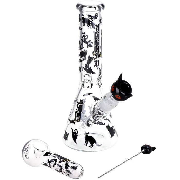 Pulsar Superstitious Kitty GLOW Glass Herb Pipe Duo - 9.75" / 14mm F