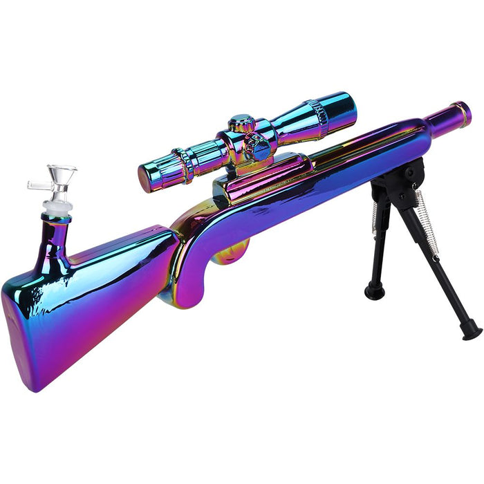 SeshGear Sniper Rifle Electroplated Glass Water Pipe w/ Stand - 19.75" / 14mm F / Clear, Smoke, Rainbow