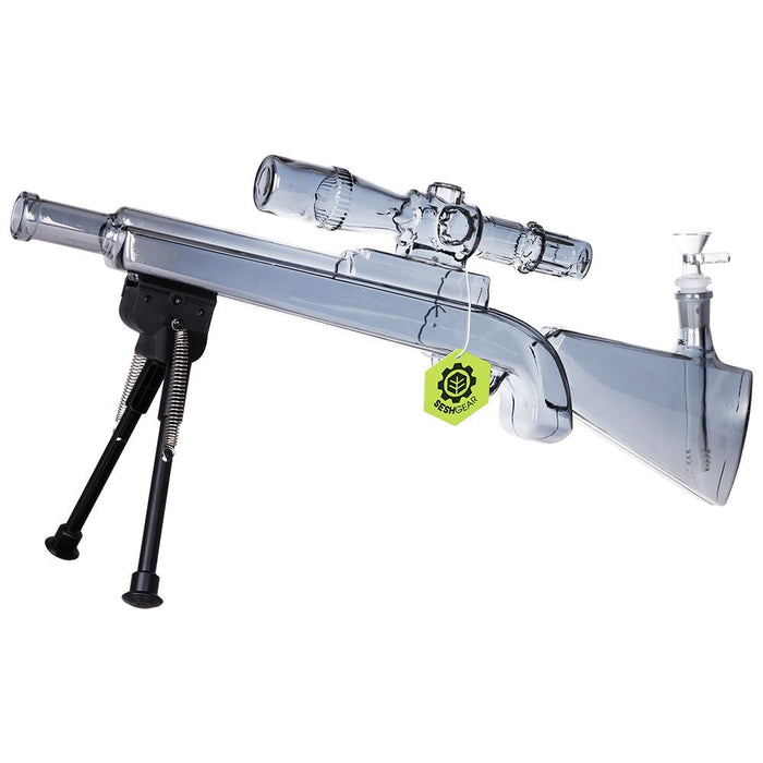 SeshGear Sniper Rifle Electroplated Glass Water Pipe w/ Stand - 19.75" / 14mm F / Clear, Smoke, Rainbow