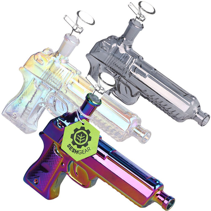 3CT BUNDLE - SeshGear Semi Auto Hand Gun Glass Water Pipe - 7.75" / 14mm F / Clear, Smoke, Electroplated