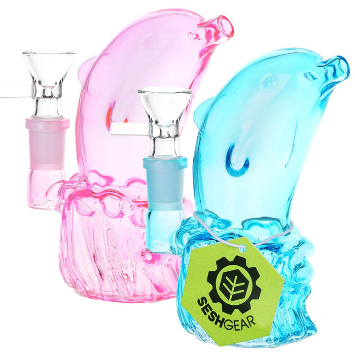 2CT BUNDLE - SeshGear Jumping Dolphin Glass Water Pipe - 5" / 14mm F / Pink, Blue