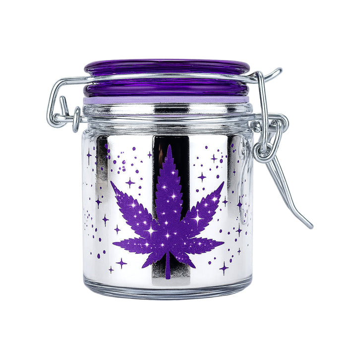 AIRTIGHT GLASS METALLIC SILVER/PURPLE LEAF GALAXY STORAGE JAR