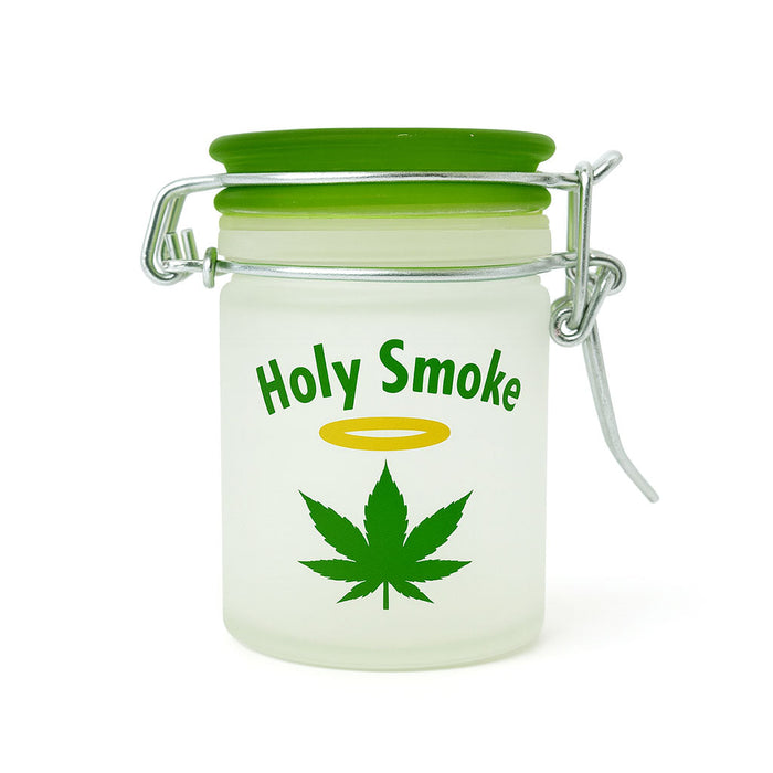 FROSTED GLASS HOLY SMOKE AIRTIGHT GREEN LID STORAGE JAR