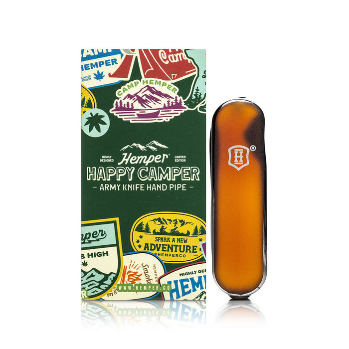 Hemper Happy Camper Army Knife Amber Glass Hand Pipe – 3½″