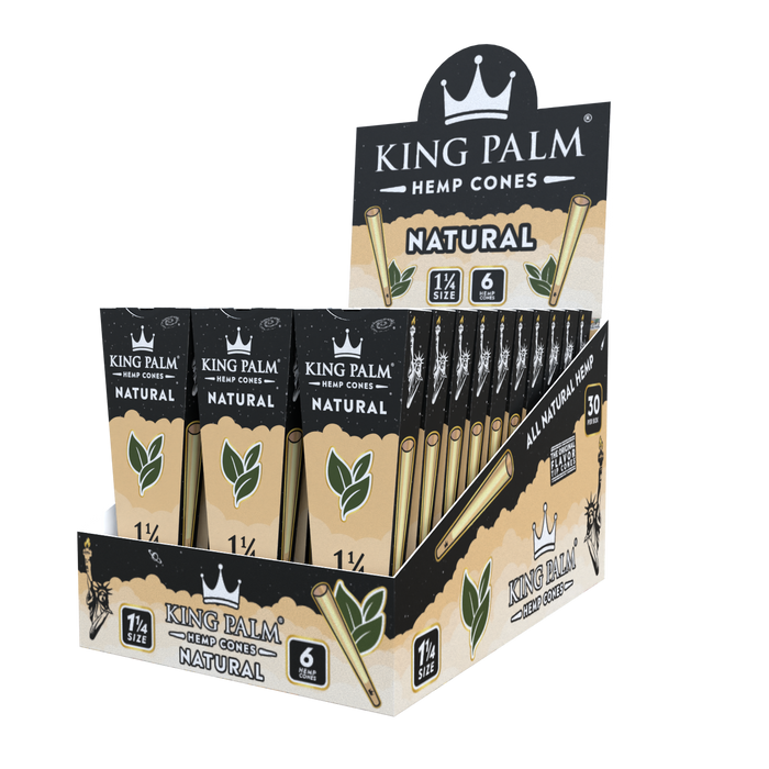 King Palm 1 ¼ Size Hemp Cones 30ct Display – Natural